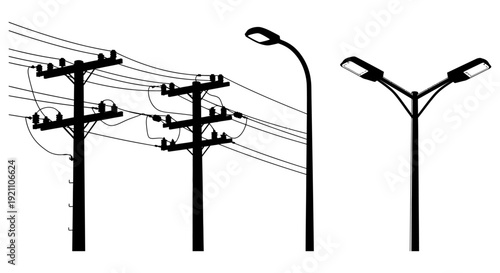 black silhouettes of power utility poles with electric wires and modern street lights vector graphic for urban infrastructure and energy concepts.