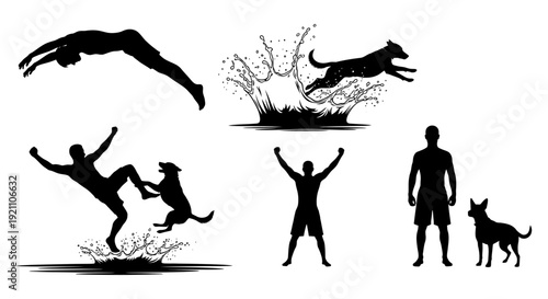 black silhouettes of people and dogs playing and diving in water depicting active summer sports leisure and joyful pet companionship