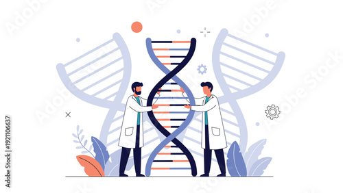 Scientists in white lab coats standing next to a large DNA double helix structure representing genetic research.