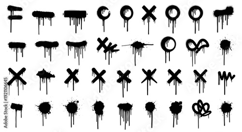 black spray paint drips splatters and grunge marks set ideal for urban art graphic overlays and raw street style textures.