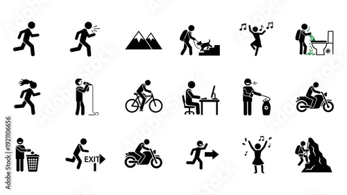 black stick figure pictogram set depicting diverse human actions daily life and work on white for ui and infographic.