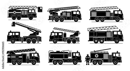black vector silhouettes of fire trucks and emergency rescue vehicles depicting rapid response and public safety operations.