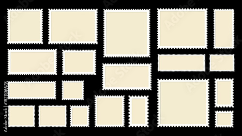 blank postage stamps with perforated edges in various sizes on a black background ideal for graphic design mockups and copy space.
