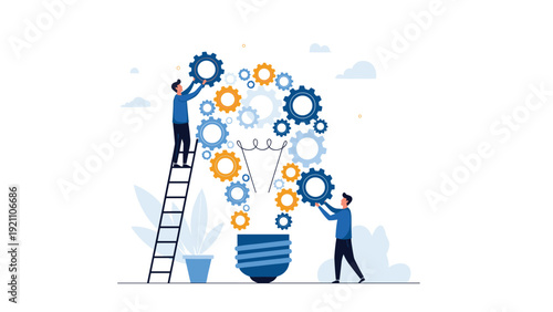 Collaborative team on a ladder assembling a large lightbulb from interlocking gears representing innovation.