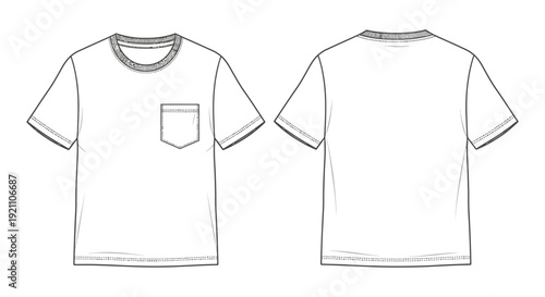 blank t-shirt flat sketch vector front and back views of a plain crew neck short sleeve tee with chest pocket ideal for apparel mockups.