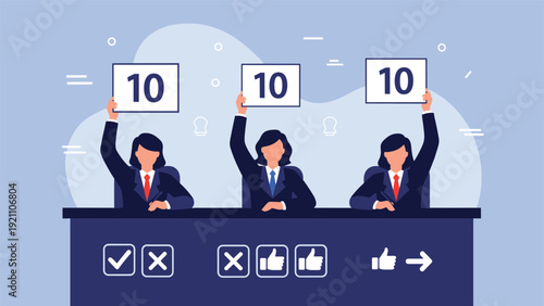 Group of judges sitting at a table holding up scorecards with the number ten representing perfect evaluation.