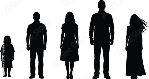 Vector silhouette of a diverse group of people including a child, young adults, and parents standing in a row isolated