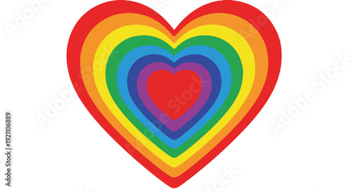 A vibrant, layered heart graphic with rainbow colors on a white background