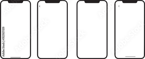 Set of four blank smartphone screens with different navigation elements displayed on a clean white background for mockup purposes