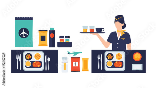 Flight attendant provides inflight meal service with tray of drinks and food for passengers on airplane travel journey.