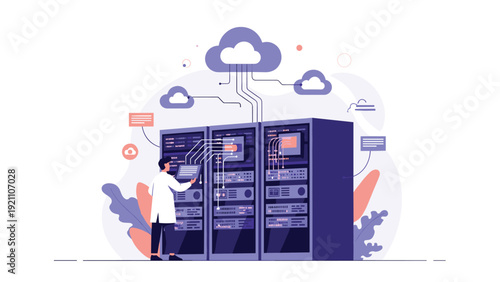 Server administrator in a lab coat working on large computer racks connected to a digital cloud network.