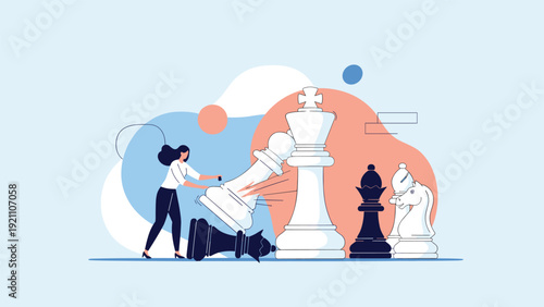 Businesswoman uses strategic thinking to topple opponent king in giant chess game representing competition and leadership.