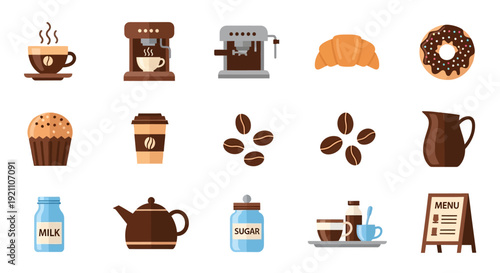Assorted Coffee and Beverage Icons Set.