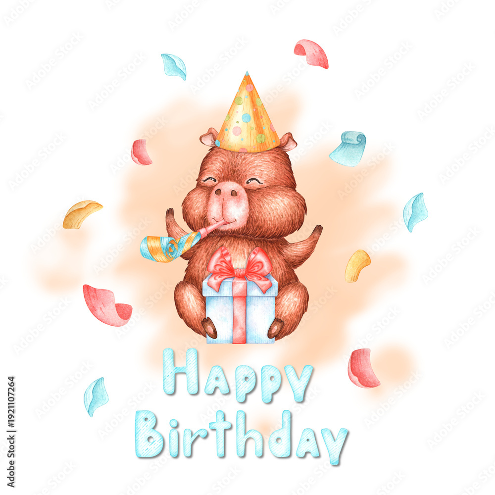 Obraz premium A capybara in a party hat, holding a gift and a horn, sits surrounded by confetti. Watercolor card with the text Happy Birthday. Suitable for birthdays, holidays, greeting cards, prints