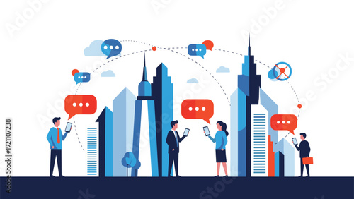 Diverse group of people use mobile phones to communicate in modern city environment with network connection speech bubbles.