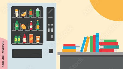 Modern vending machine offering healthy drinks and snacks stands next to library table filled with colorful study books.