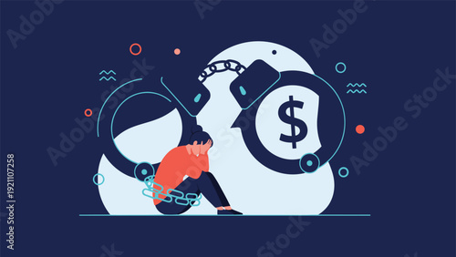 Depressed individual sits trapped by giant handcuffs containing dollar symbol representing financial debt and economic prison.