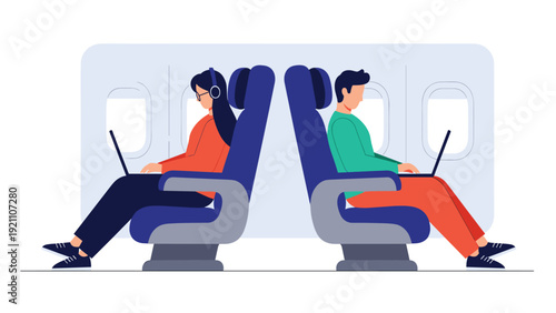 Business travelers sit in comfortable airplane seats working on laptops during flight for productive corporate journey.