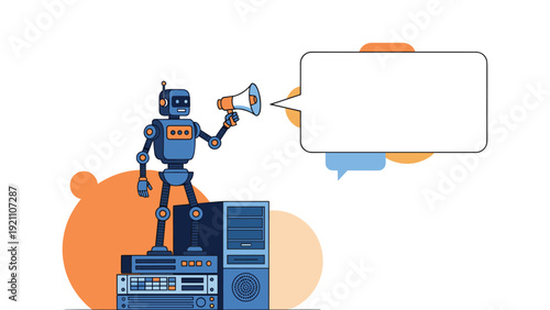 Robot standing on server racks while holding a megaphone and a blank speech bubble for communication technology concepts.