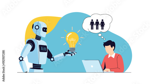Artificial intelligence robot providing creative ideas to a professional man working on a laptop for human resource concepts.