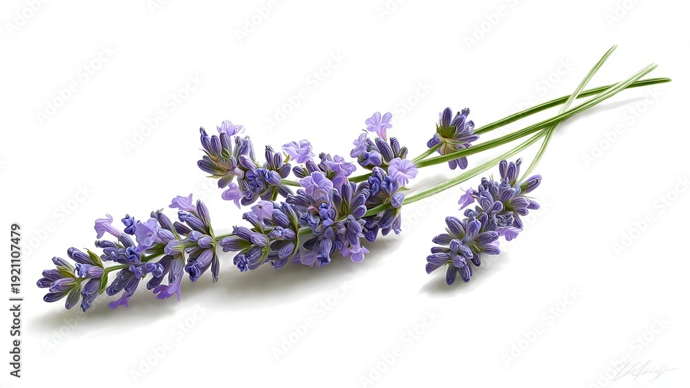 Fototapeta premium Three delicate sprigs of purple lavender with green stems gracefully arranged on a pure white