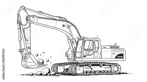 Heavy excavator machine in line art illustration for construction and industrial use