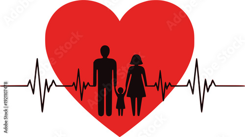 Family life insurance and health protection concept with heartbeat and red heart. Silhouette of parents and child inside a heart as a symbol of medical insurance and family safety