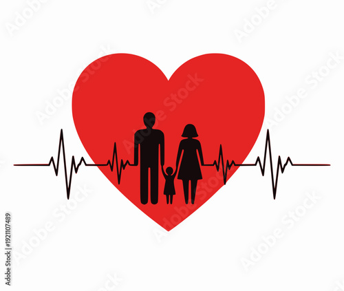 Family life insurance and health protection concept with heartbeat and red heart. Silhouette of parents and child inside a heart as a symbol of medical insurance and family safety