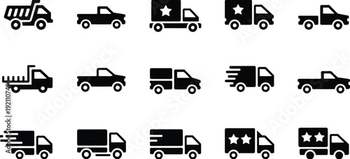 Truck icon collection. Includes garbage truck, dump truck, moving truck, pickup truck, and delivery truck symbols. Created in simple style with black and white palette.