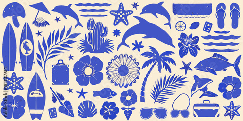 A collection of blue and white summer themed illustrations and icons