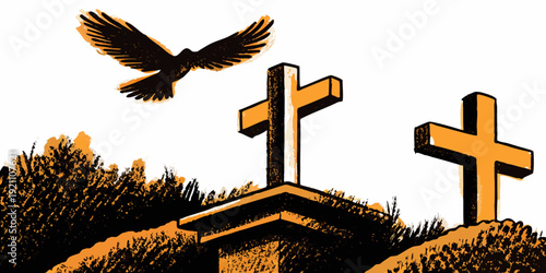 A dark bird flies above three orange crosses on a hill