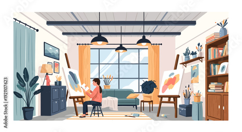 A female artist painting on a canvas in her bright and cozy home art studio filled with plants and books.