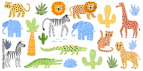 Colorful hand drawn illustrations of various african animals and plants
