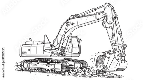 Excavator digging rubble in black and white line drawing with industrial mood for construction design