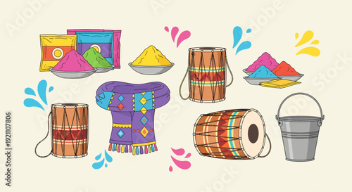 A vibrant collection of illustrated items for the Holi festival, including colored powders, traditional drums, and a bucket.