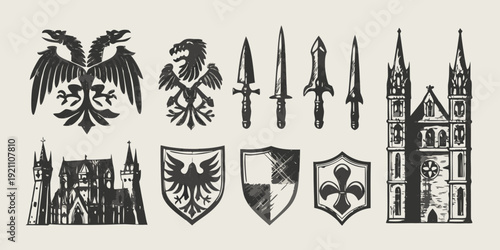 Vintage heraldic emblems weaponry and gothic architecture illustrations