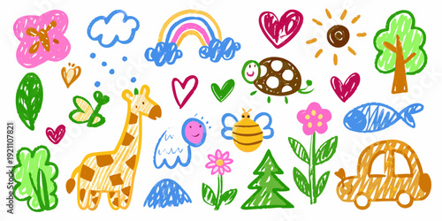 Colorful childlike drawings depict various animals objects and natural elements