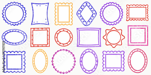 Collection of colorful hand drawn frame and border shapes arranged in rows