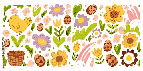 A cheerful spring and easter themed pattern with flowers and a chick
