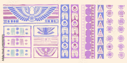 Stylized egyptian motifs and geometric patterns in pastel shades