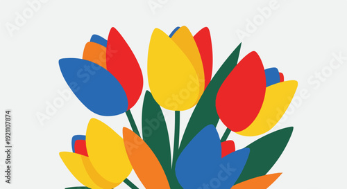 A vibrant, stylized illustration of colorful tulips in full bloom