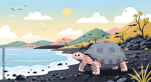A giant tortoise stands on a rocky volcanic shore with rolling hills and a calm sea in a stylized vector illustration.