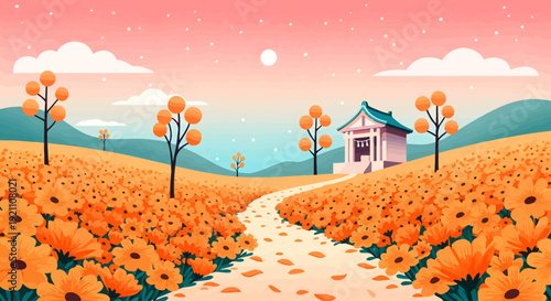 A winding path through a vibrant field of orange flowers leading to a traditional shrine under a pink sky.