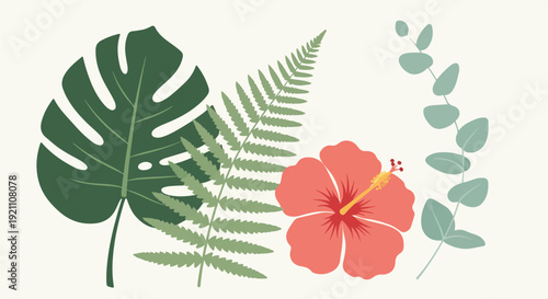 A vibrant tropical arrangement of leaves and a striking hibiscus flower