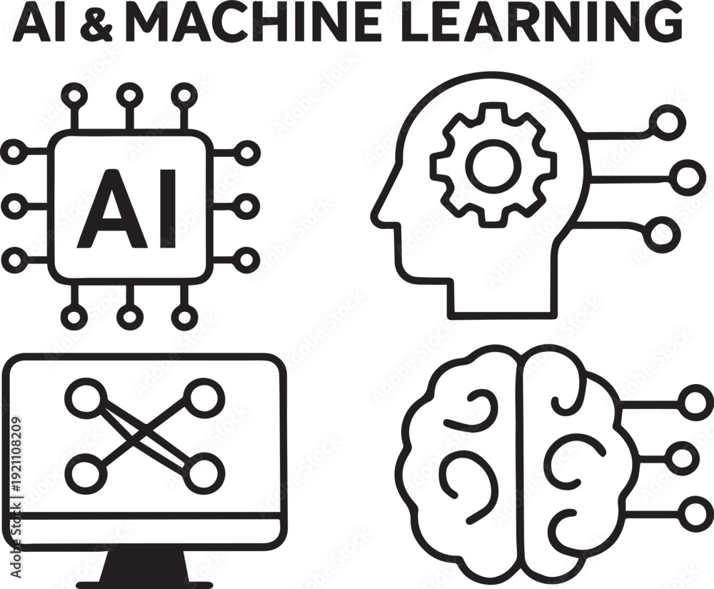 Fototapeta premium Artificial Intelligence and Machine Learning Icon Set