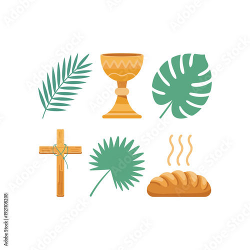 Christian Holy Week and Easter Symbols Vector Set with Palm Leaves, Chalice, Cross, and Bread