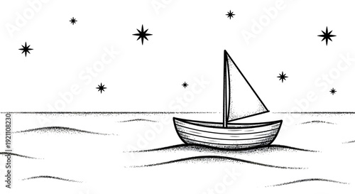 A simple hand-drawn sailboat floats on a calm sea under a starry night sky.