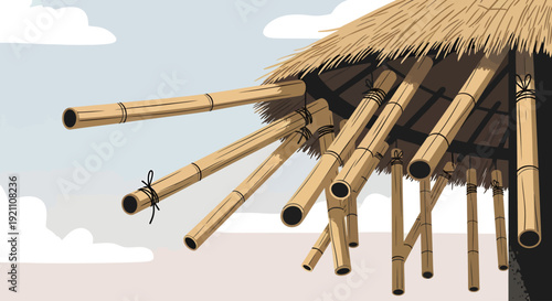 Detailed illustration of a traditional bamboo and thatched roof construction against a clear sky.