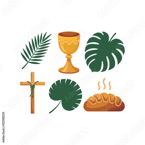 Christian Holy Week and Easter Religious Symbols Set with Palm Leaves, Cross, Chalice, and Bread