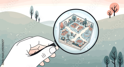 An illustrative hand holding a magnifying glass to reveal a detailed, organized community garden within a minimalist landscape.